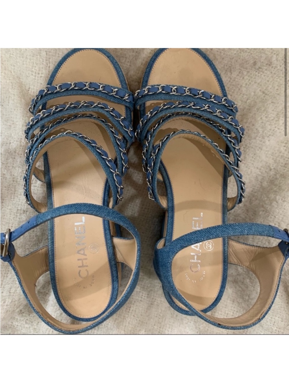 CHANEL CC Logo Denim Platform Sandals - Cork Heel - Picture 3 of 4